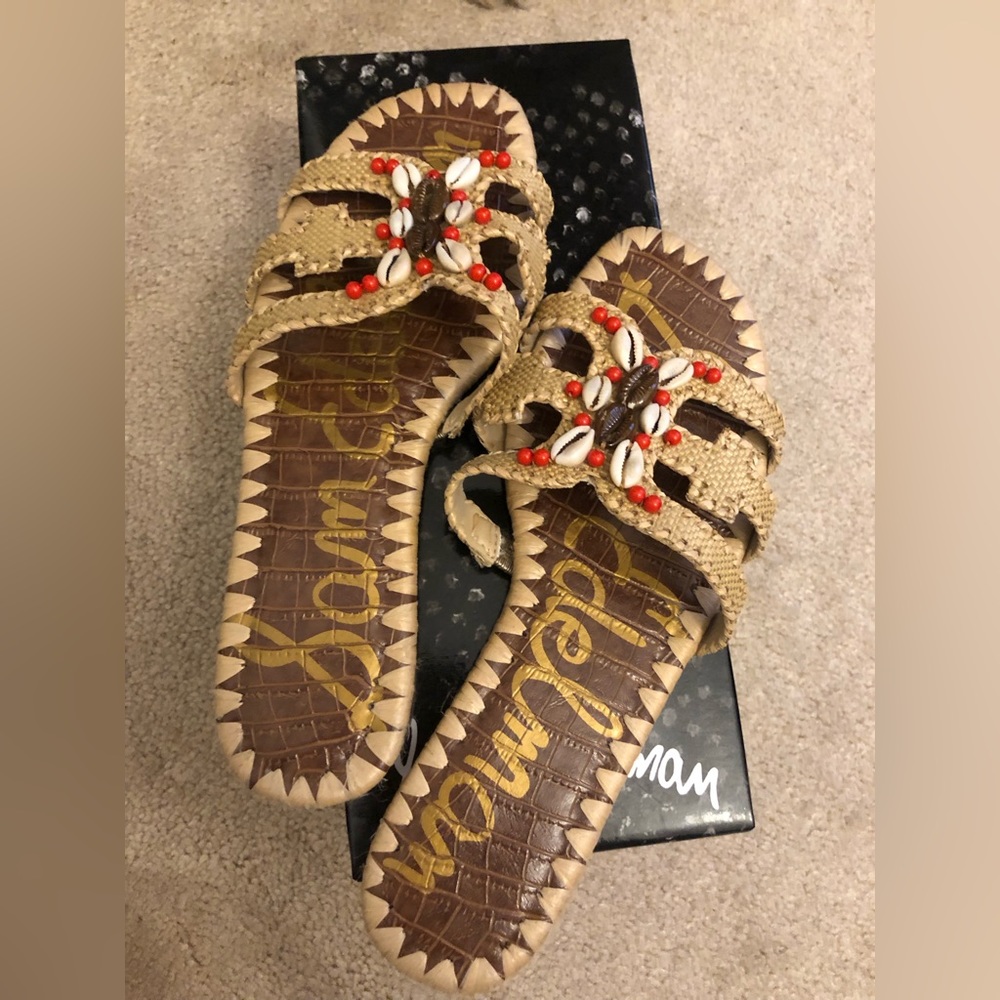 Sam Edelman Raffia and shell flat sandals.